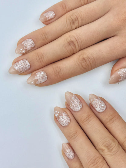 Elegant Wedding White Lace Nude Almond Press-On Nails with Pearls for Valentine's, Brides and Everyday Glam, Reusable & Long-Lasting False Nail | Secure The Nails