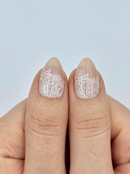 Elegant Wedding White Lace Nude Almond Unique Press-On Nails with Pearls for Valentine's and Everyday Glam, Reusable & Long-Lasting False Nail | Secure The Nails