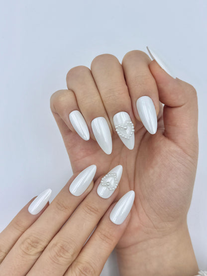 Pearlescent White Glowy Cute Valentine's Press-On Nails with Pearl Heart and Unique Hidden Red Hearts, Reusable & Long-Lasting | Secure The Nails