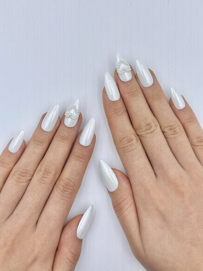 White Almond Cute Valentine's Press-On Nails with Pearl Heart and Unique Hidden Red Hearts, Handmade Reusable & Long-Lasting | Secure The Nails