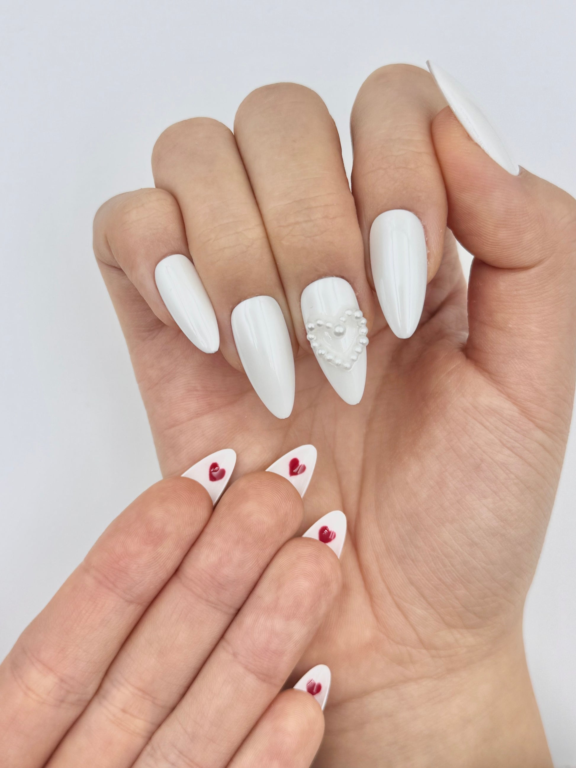 White Almond Cute Valentine's Press-On Nails with Pearl Heart and Unique Hidden Red Hearts, Reusable & Long-Lasting False Nail| Secure The Nails