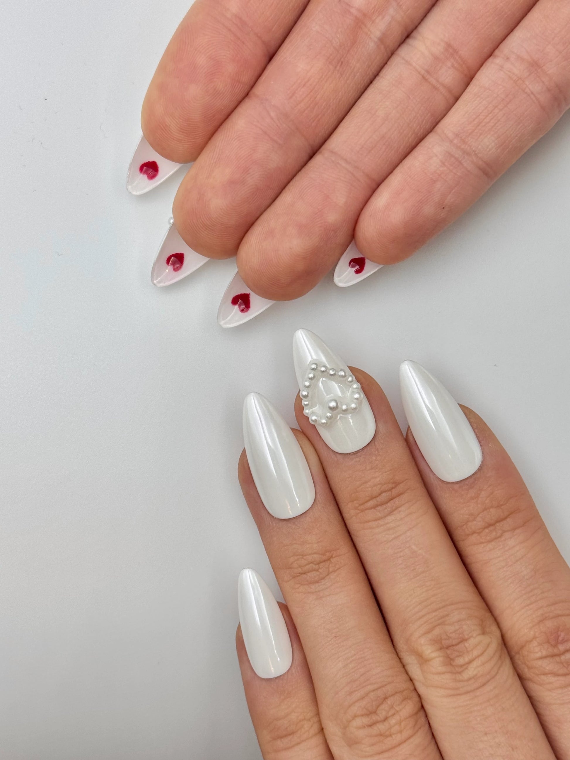 Cute Unique White Valentine's Press-On Nails with Pearl Heart and Hidden Red Hearts, Reusable & Long-Lasting False Nail| Secure The Nails