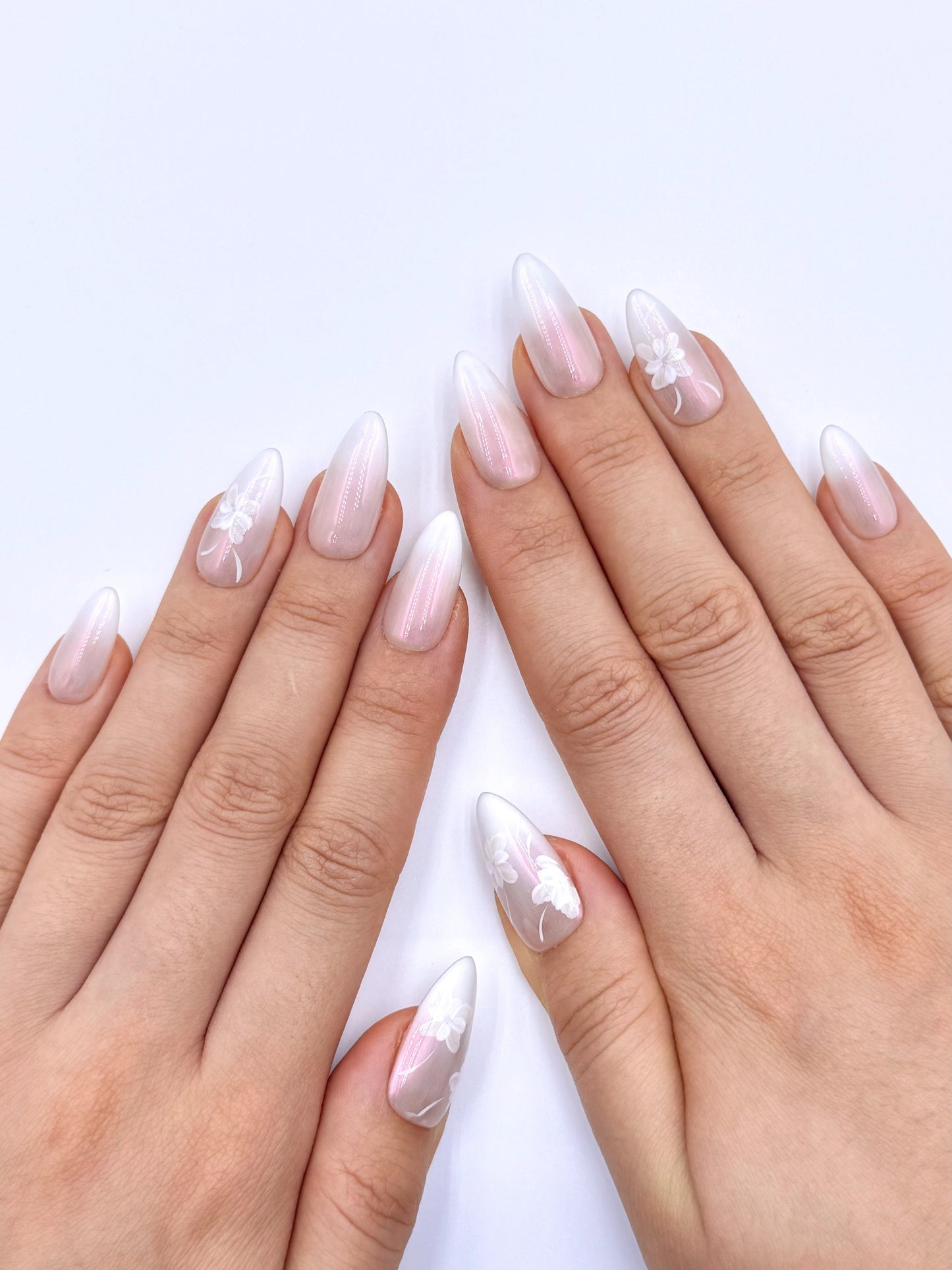 Chrome French Ombre Hailey Bieber Glazed Donut Almond Press-On Nail with Handpainted White Flowers
