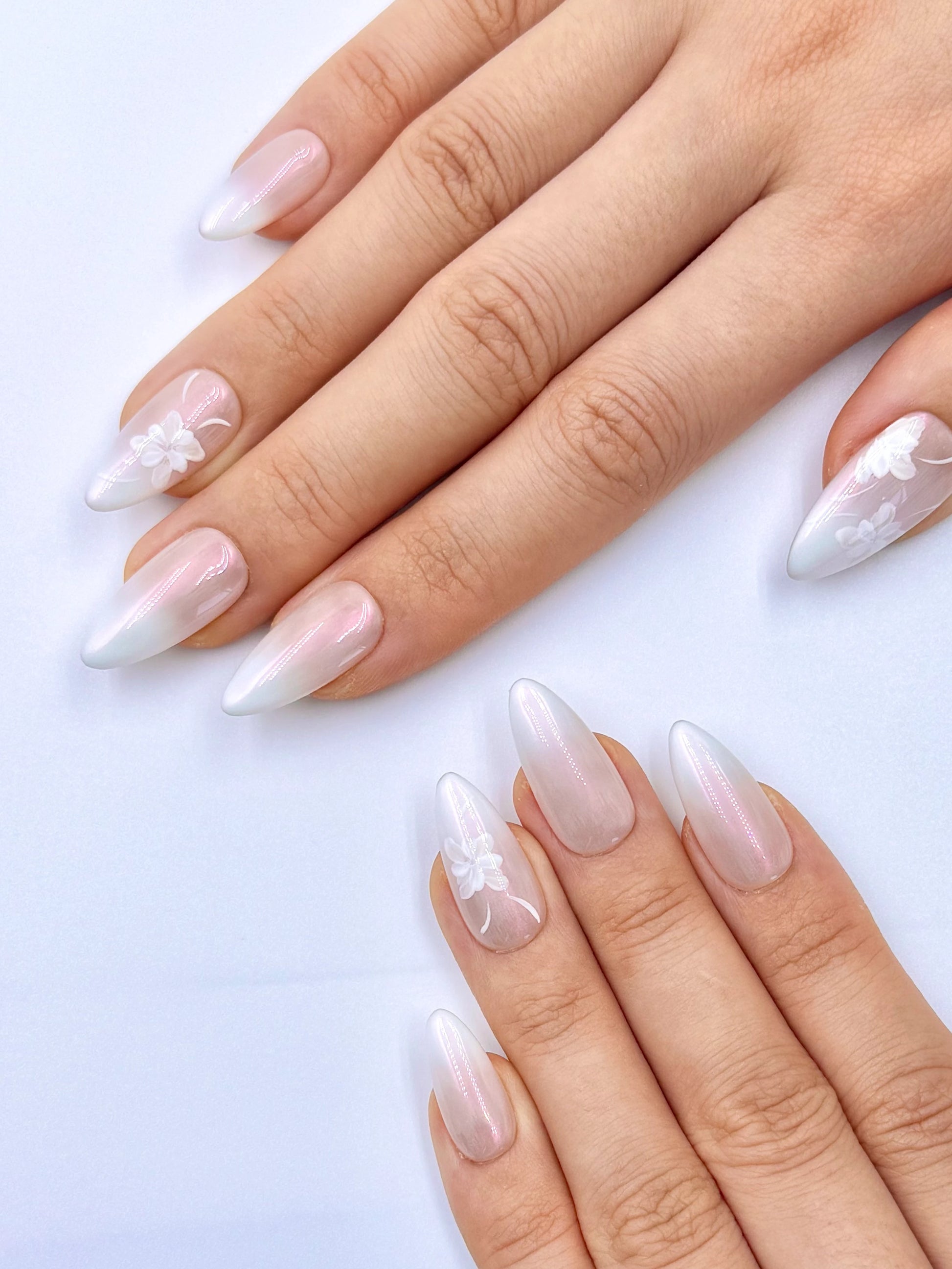 Chrome Ombre Hailey Bieber Glazed Donut Almond Press-On Nail with Handpainted White Flowers