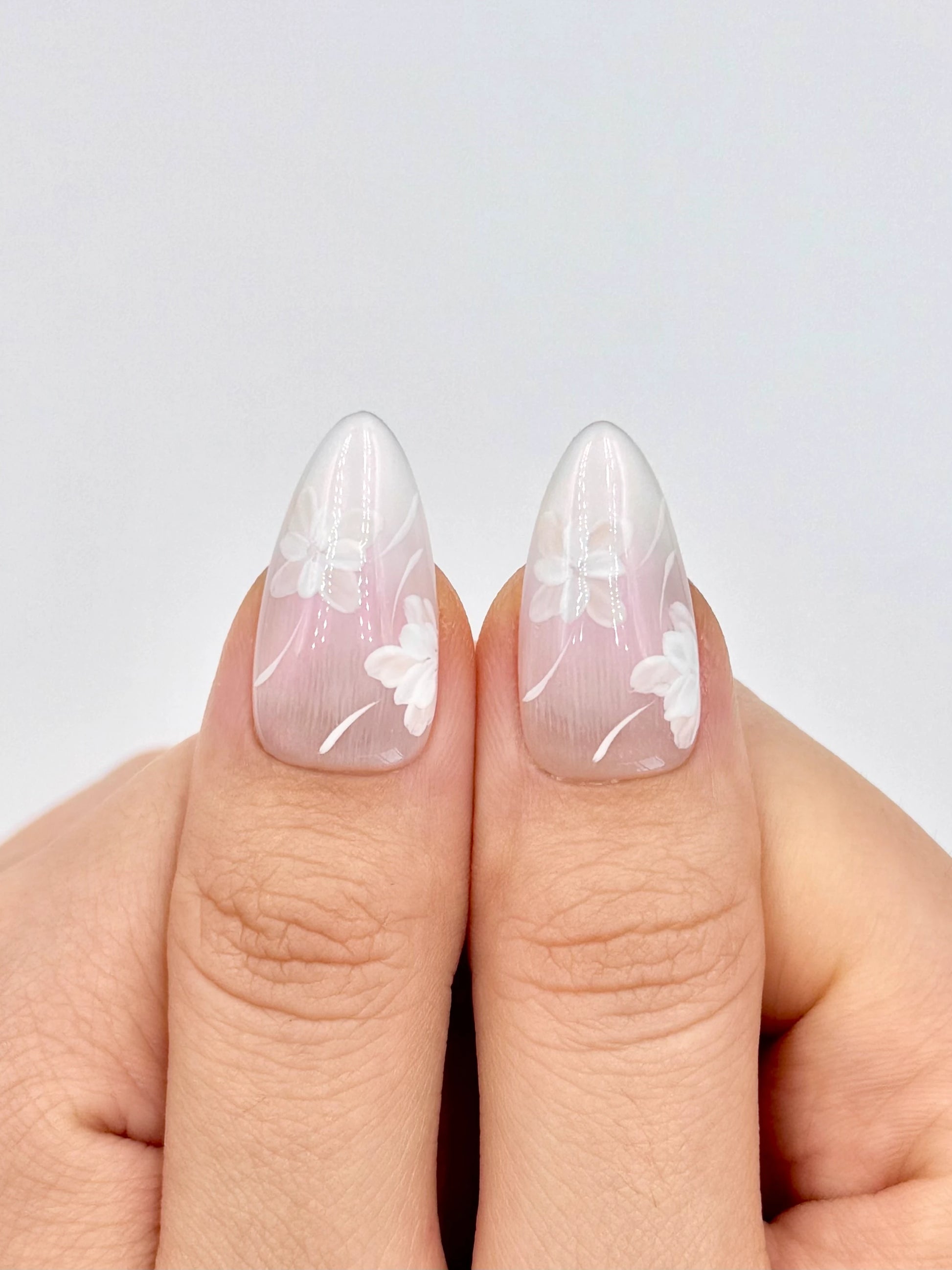Chrome Ombre Nude White Hailey Bieber Glazed Donut Almond Press-On Nail with Handpainted Florals