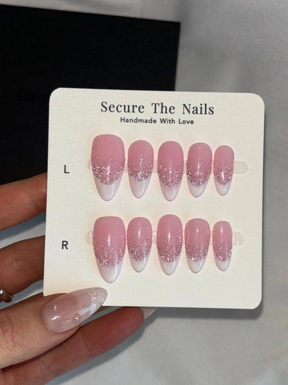 Pink French Tip Almond Glitter Press On Nails, Birthday Date Night Girly Nails, Glam Nails, Soft Girl, Secure The Nails