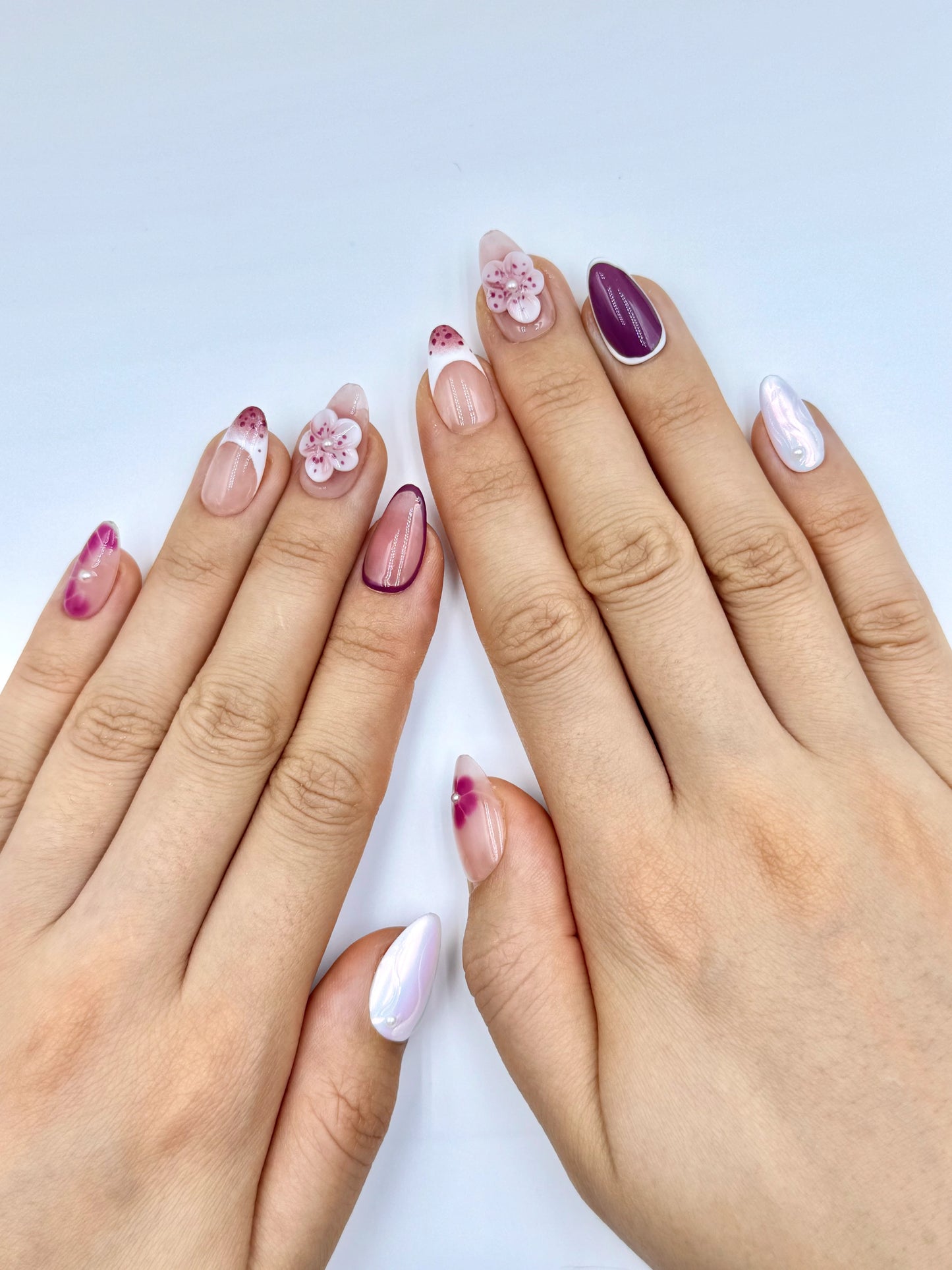 Plum Hibiscus 3D Tropical White Floral Nude French Tip Short Almond Handmade Press-On Nails, Long-Lasting Reusable Press-Ons | Secure The Nails