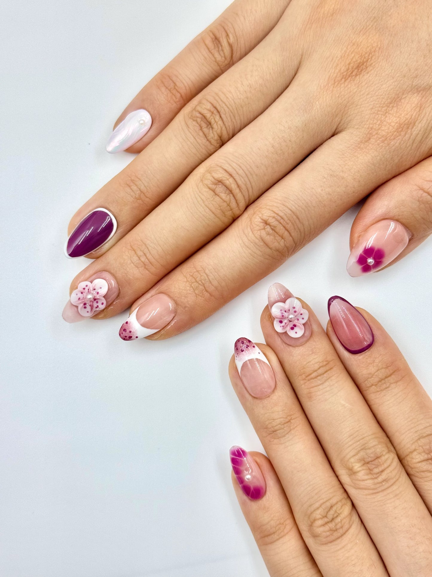 Plum Hibiscus Handmade 3D Gel Tropical White Flower Nude French Tip Short Almond Press-On Nail, Long-Lasting Reusable Press-Ons | Secure The Nails
