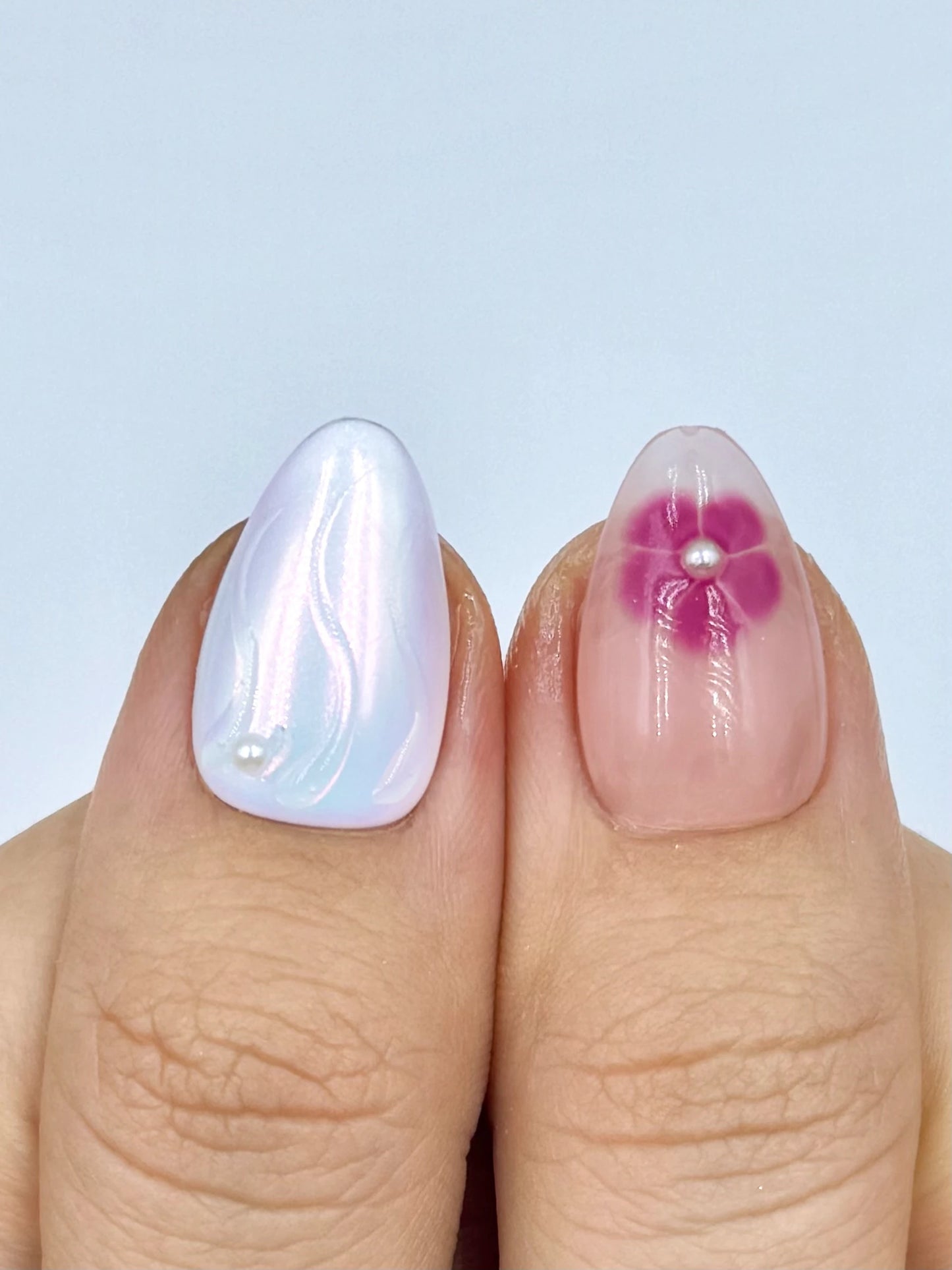Plum Hibiscus Handmade 3D Gel Tropical Flower Nude Short Almond Press-On Nail with Pearl, Iridescent Long-Lasting Reusable Press-Ons | Secure The Nails