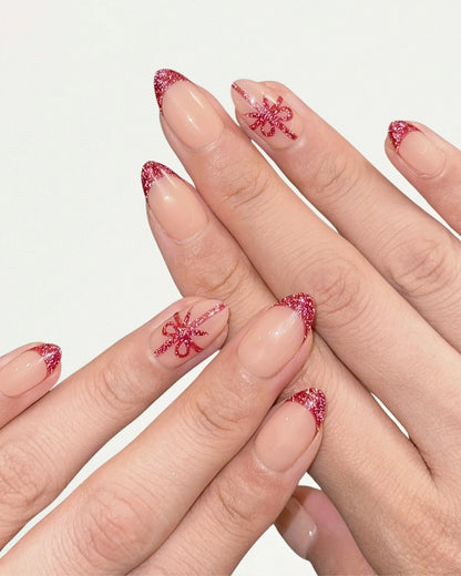Christmas Holiday Festive Short Almond Red French Tips with Gift Ribbon Press-On Nails, Sparkly Glittery Reflective Gel | Secure The Nails