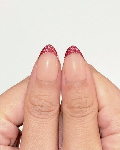 Classy Elegant Christmas Holiday Festive Short Almond Red French Tips with Gift Ribbon Press-On Nails, Sparkly Glittery Reflective Gel | Secure The Nails