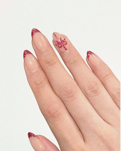 Classy Elegant Christmas Holiday Festival Short Almond Red French Tips with Gift Ribbon Press-On Nails, Sparkly Glittery Reflective Flash Gel | Secure The Nails