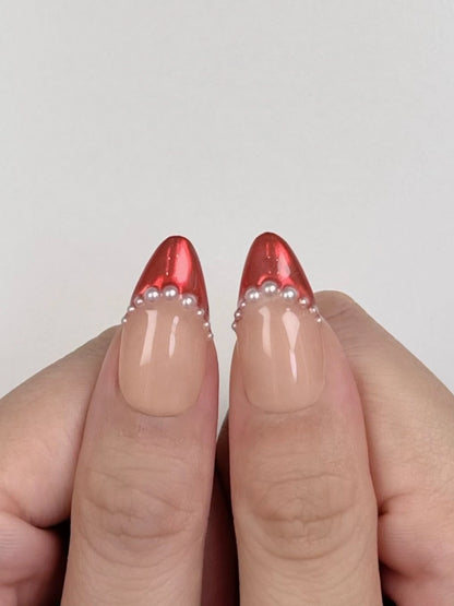 Cute Girly Christmas Holiday Red Chrome Almond French Tip Press-On Nails with Pearls and Bow Ribbon, Unique Elegant Winter Nail Art | Secure The Nails