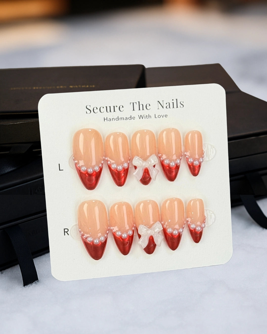 Christmas Holiday Red Chrome French Tip Press-On Nails with Pearls and Bow Ribbon, Cute Elegant Festive Winter Nail Art | Secure The Nails