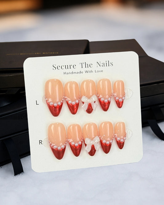 Christmas Holiday Red Chrome French Tip Press-On Nails with Pearls and Bow Ribbon, Cute Elegant Festive Winter Nail Art | Secure The Nails