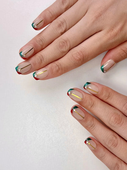 Short Square Christmas Holiday Festive  French Tips Press-On Nails, Unique Elegant Winter Nail Art | Secure The Nails