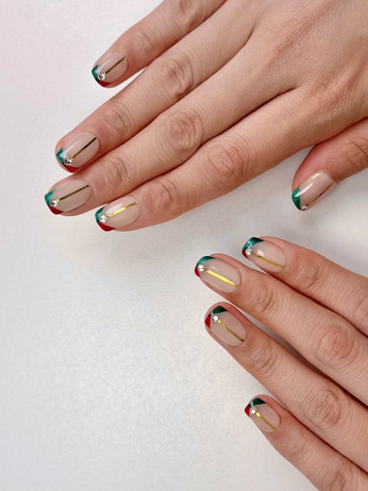 Short Square Christmas Holiday Festive  French Tips Press-On Nails, Unique Elegant Winter Nail Art | Secure The Nails