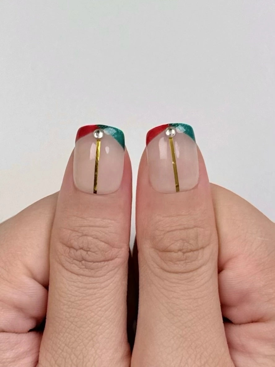 Short Square Squoval Christmas Holiday Festive French Tip Press-On Nails, Unique and Elegant Winter Nail Art | Secure The Nails