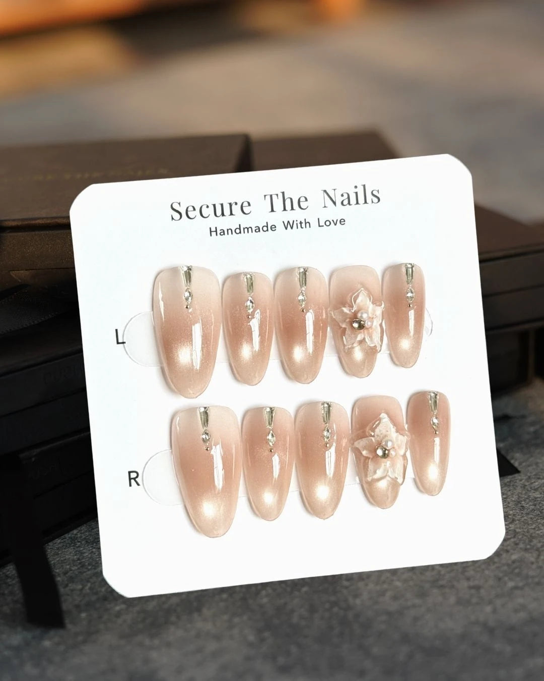 Glowy Pink Nude Cat-Eye Almond Oval Press-On Nails with Crystals and 3D Pink Flowers