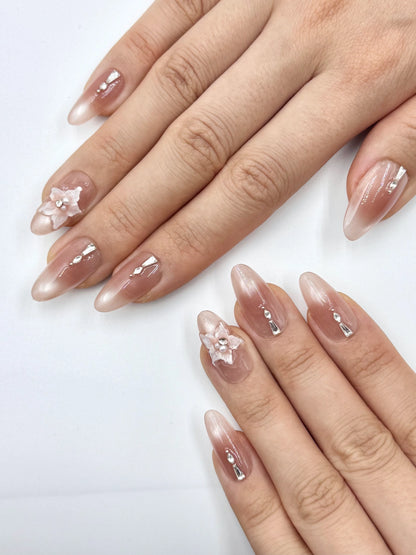 Glowy Pink Nude Cat-Eye Almond Oval Press-On Nail with Shiny Crystal Jewelry and 3D Gel Flower