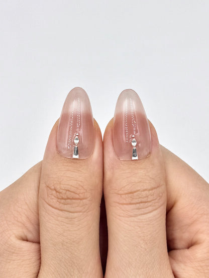 Glowy Pink Nude Cat-Eye Almond Oval Press-On Nail with Shiny Crystal Jewelry and 3D Gel Floral