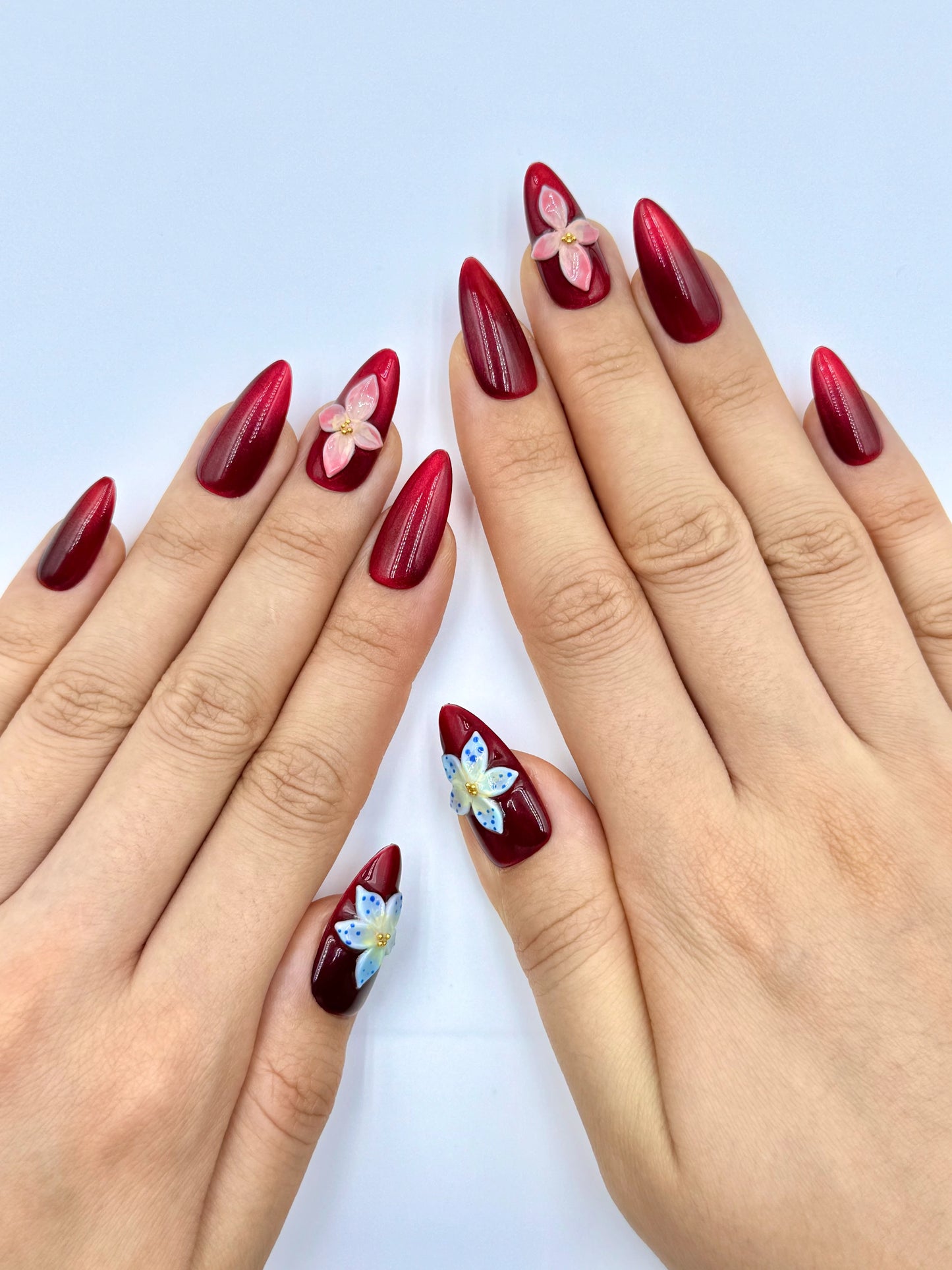 Dark Red Cat-Eye Almond Press-On Nail with 3D Gel Tropical Florals