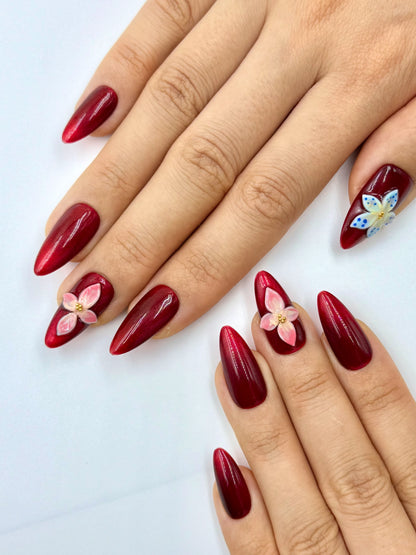 Deep Red Cat-Eye Almond Press-On Nails with 3D Gel Tropical Flowers