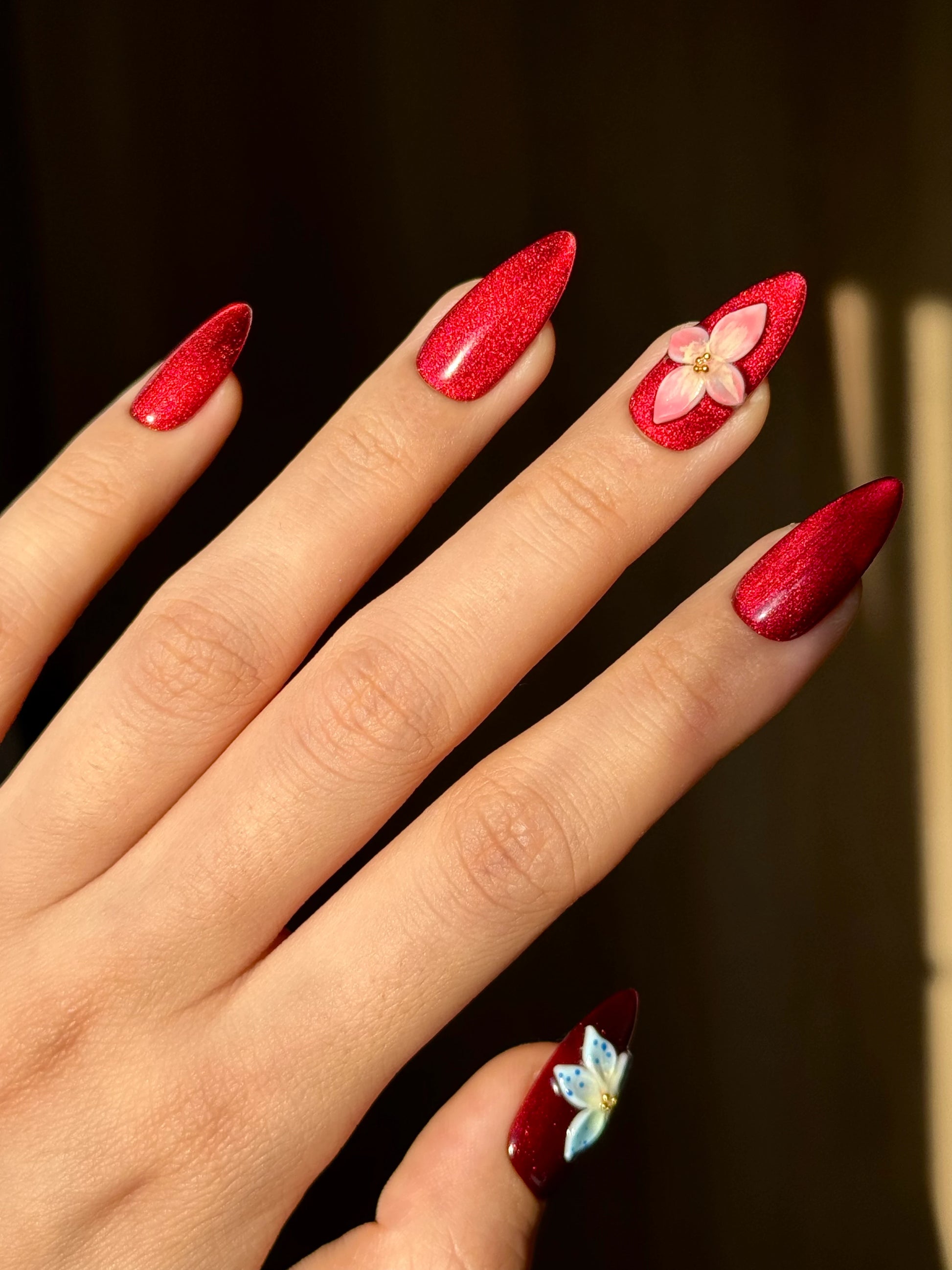 Bright Red Cat-Eye Almond Press-On Nail with 3D Gel Tropical Flowers