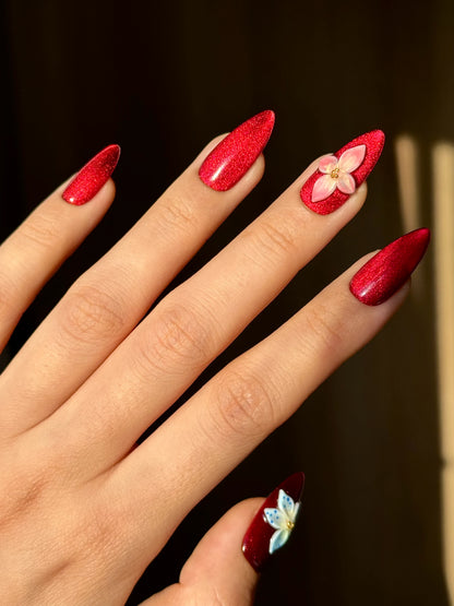 Bright Red Cat-Eye Almond Press-On Nail with 3D Gel Tropical Flowers