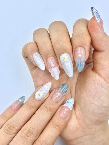 Summer Beach Nude Pearl French Tip Almond Press-On Nails with 3D Gel White Flower 