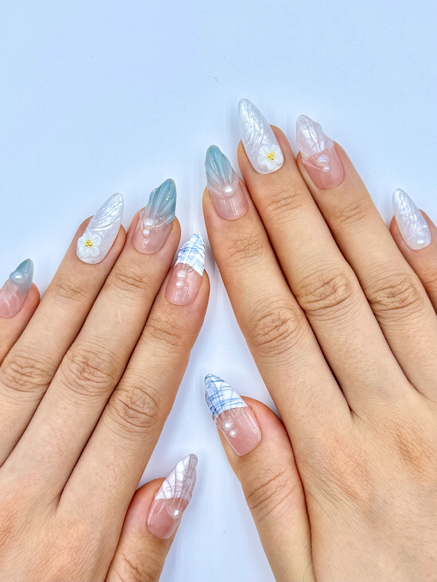 3D Gel Summer Beach Nude French Tip Pearlescent Blend Almond Press-On Nails