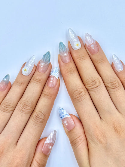 3D Gel Summer Beach Nude French Tip Pearlescent Blend Almond Press-On Nails