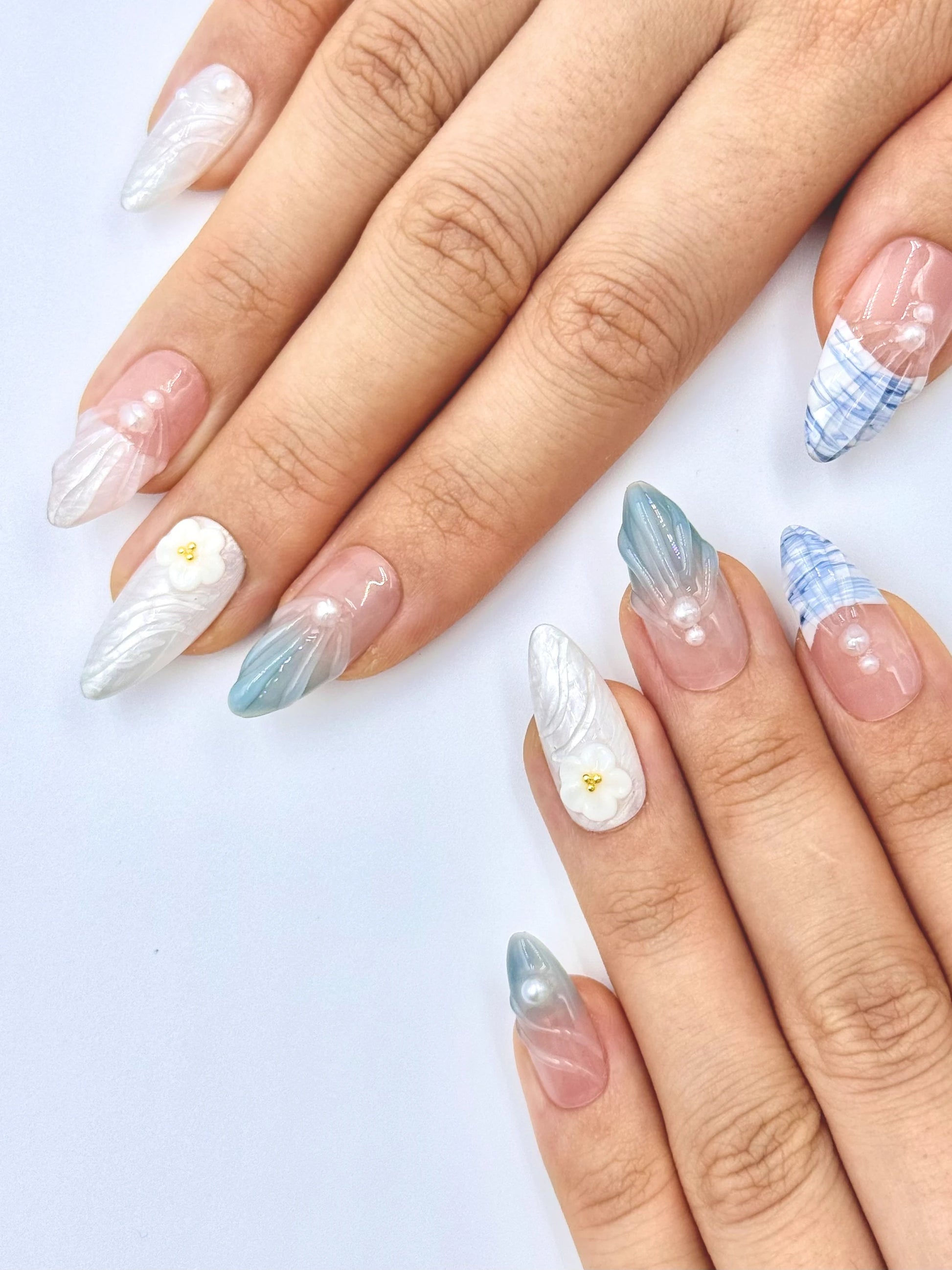 3D Gel White Flower Pearl Glow Nude French Tip Almond Press-On Nails