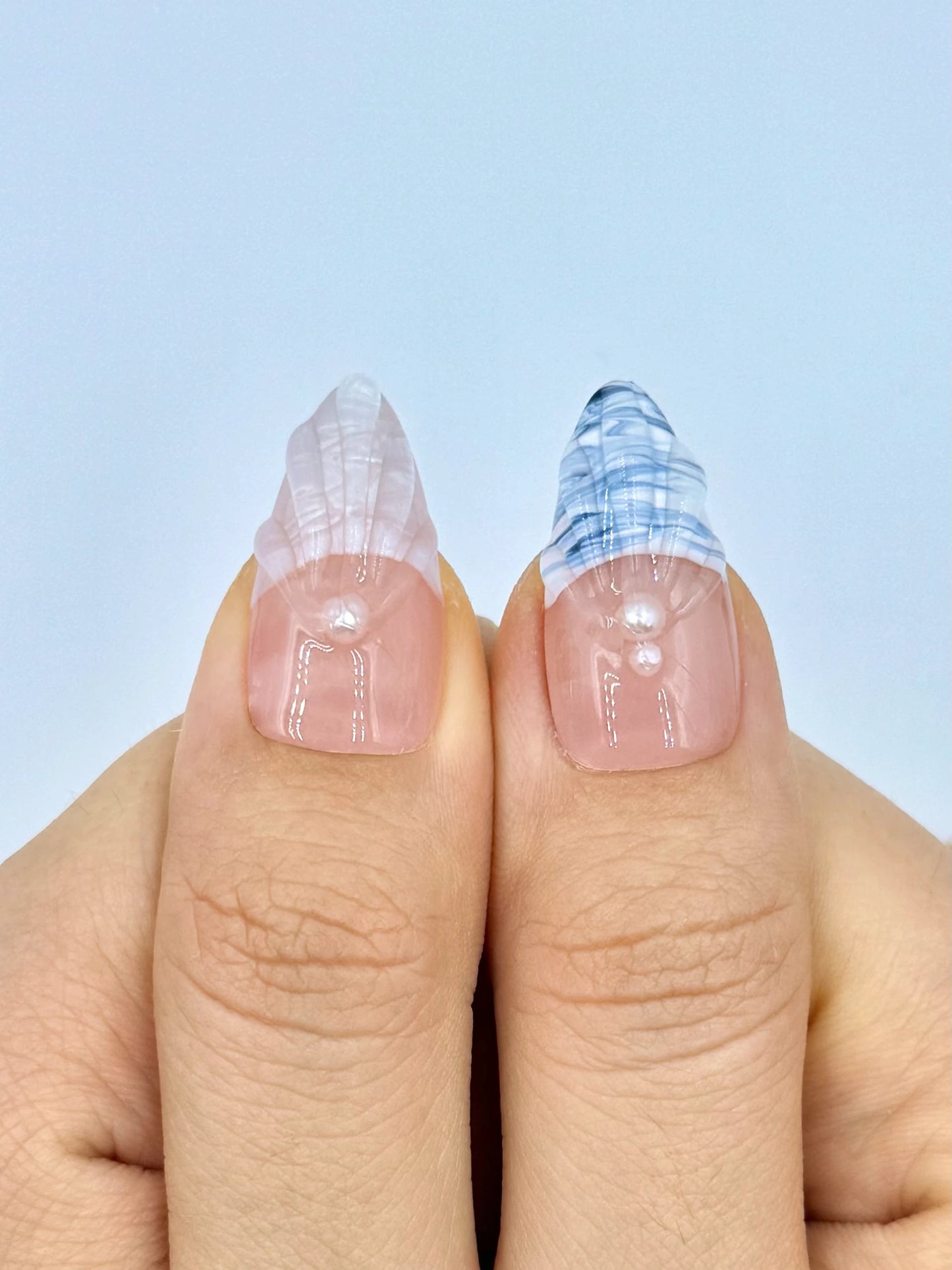 3D Gel Summer Beach Pearl Nude French Tip Almond Press-On Nails