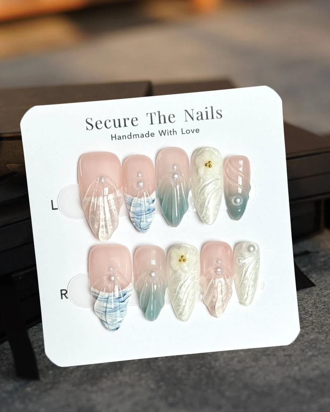 Nude White Pearl French Tip 3D Gel Almond Press-On Nails