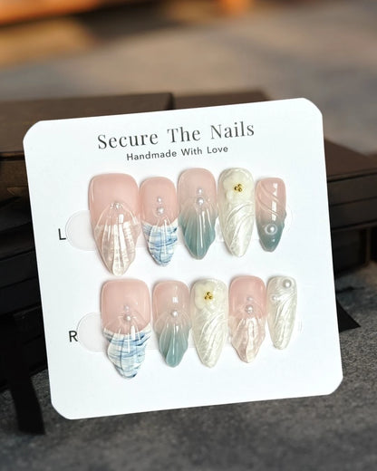 Nude White Pearl French Tip 3D Gel Almond Press-On Nails