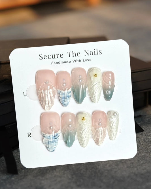 Nude White Pearl French Tip 3D Gel Almond Press-On Nails