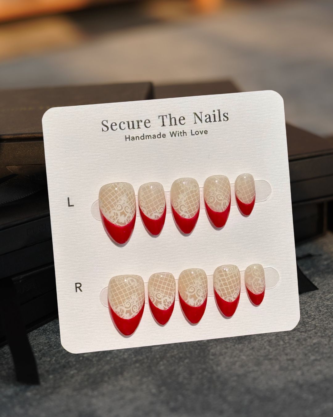Red French Tip with Feminine Lace Short Almond Unique Sexy Valentine's Press-On Nails, Reusable Durable & Long-Lasting | Secure the Nails