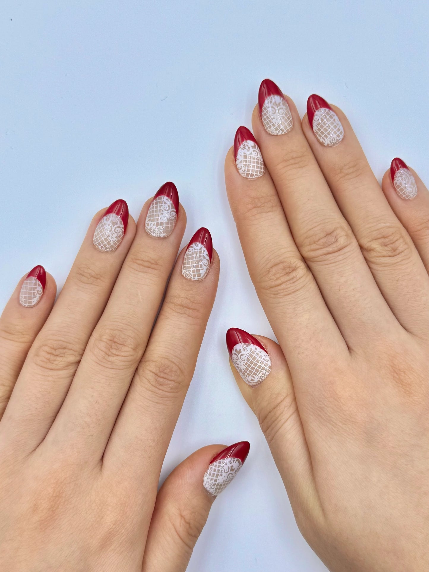 Unique Valentine's Press-On Nails, Sexy Red French Tip Short Almond False Nails with White Lace for Everyday Glam, 2026 Trendy Nail Art, Reusable Durable & Long-Lasting | Secure the Nails