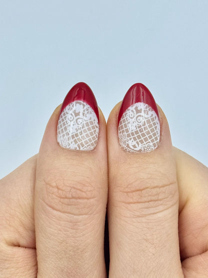 Unique Sexy Cute Red French Tip Short Almond Valentine's Press-On Nails with White Lace, Reusable & Long-Lasting False Nails for Everyday Glam, 2026 Trendy Nail Art| Secure the Nails