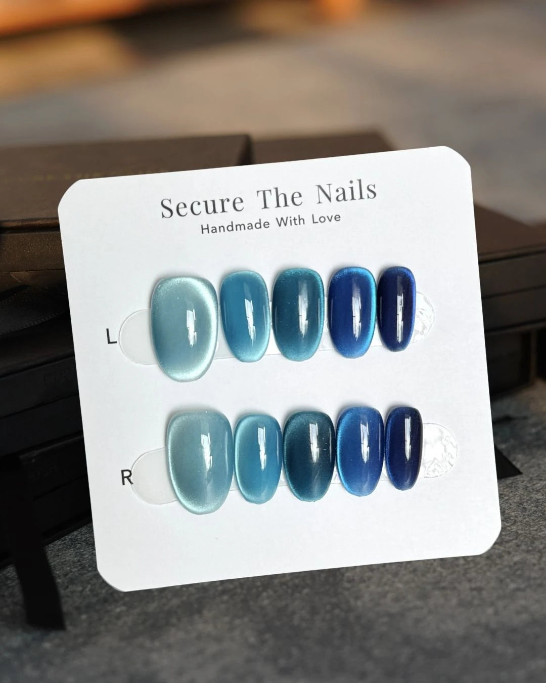 Unique Gradient Ocean Blue Shades Cat-Eye Short Oval Handmade Press-On Nail, Long-Lasting Reusable Press-Ons | Secure The Nails