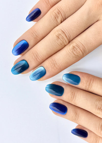Unique Elegant Dark Navy Blue Cat-Eye Short Oval Handmade Press-On Nail, Long-Lasting Reusable Press-Ons | Secure The Nails
