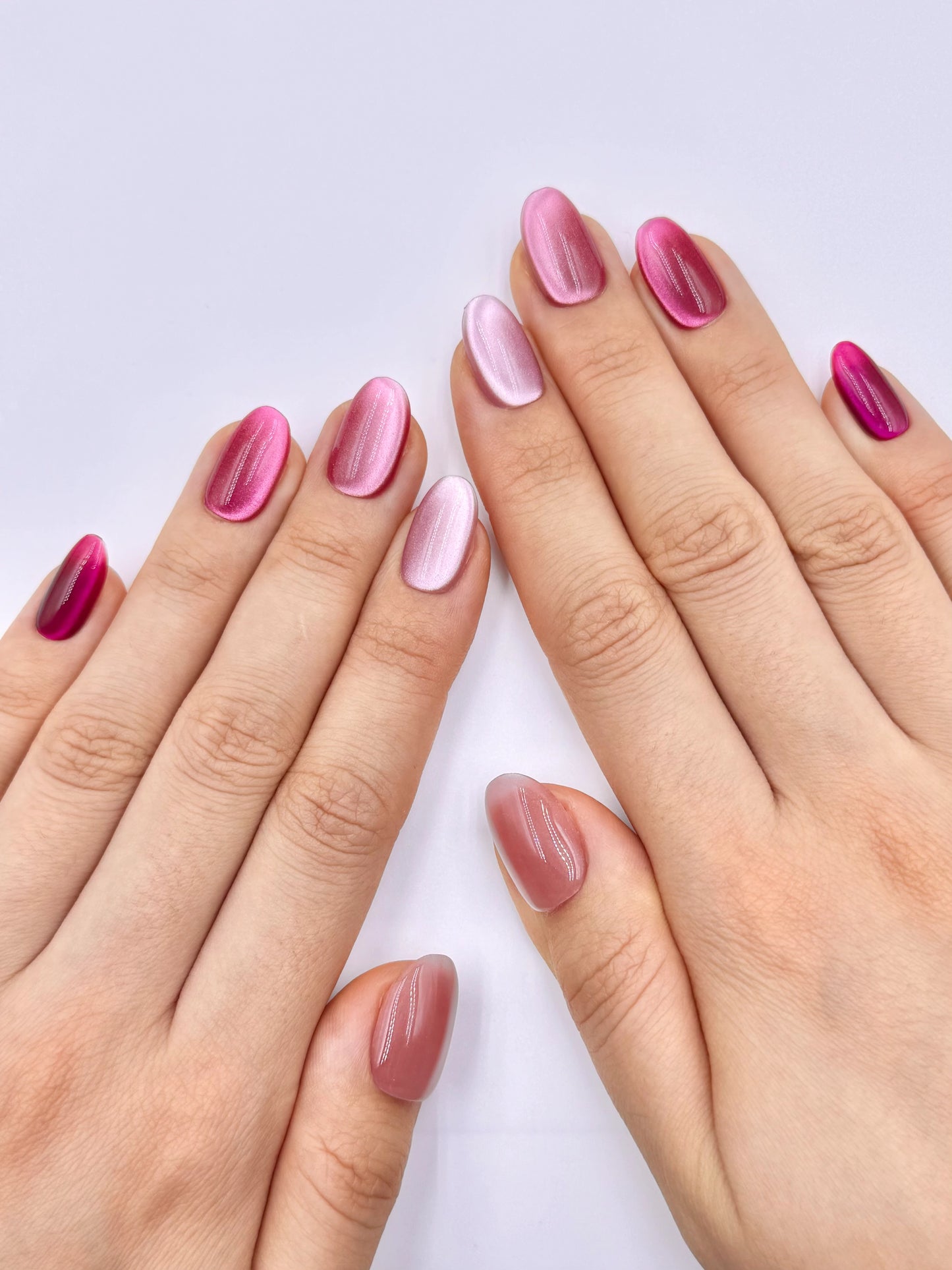 Glowy Gradient Pink Combo Cat-Eye Oval Round Press-On Nails Deep to Soft Shades