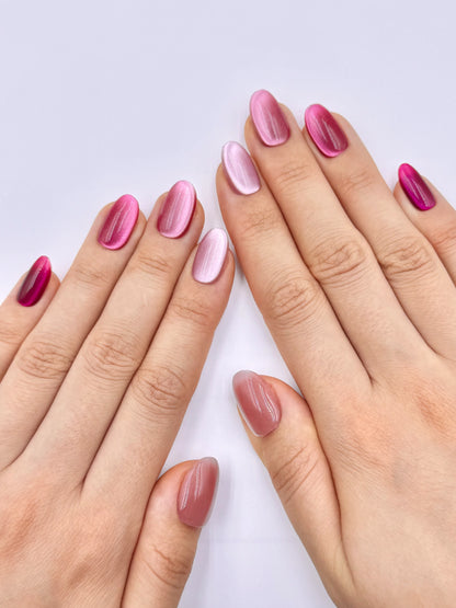Glowy Gradient Pink Combo Cat-Eye Oval Round Press-On Nails Deep to Soft Shades