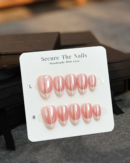Classy Short Almond Pink Nude French Tip Pearl Chrome Press-On Nails for Everyday, Salon-Quality Long-Lasting | Secure The Nails