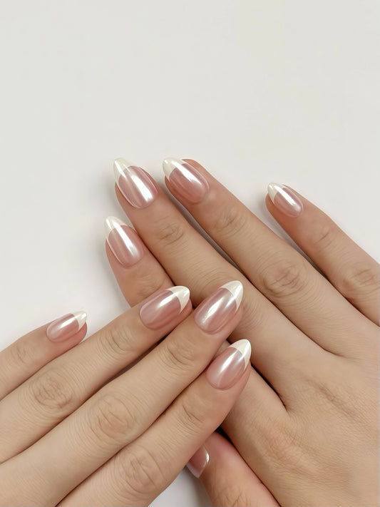 Classy Short Almond Pink Nude French Tip Pearl Chrome Press-On Nails for Everyday, Handmade Salon-Quality Long-Lasting | Secure The Nails