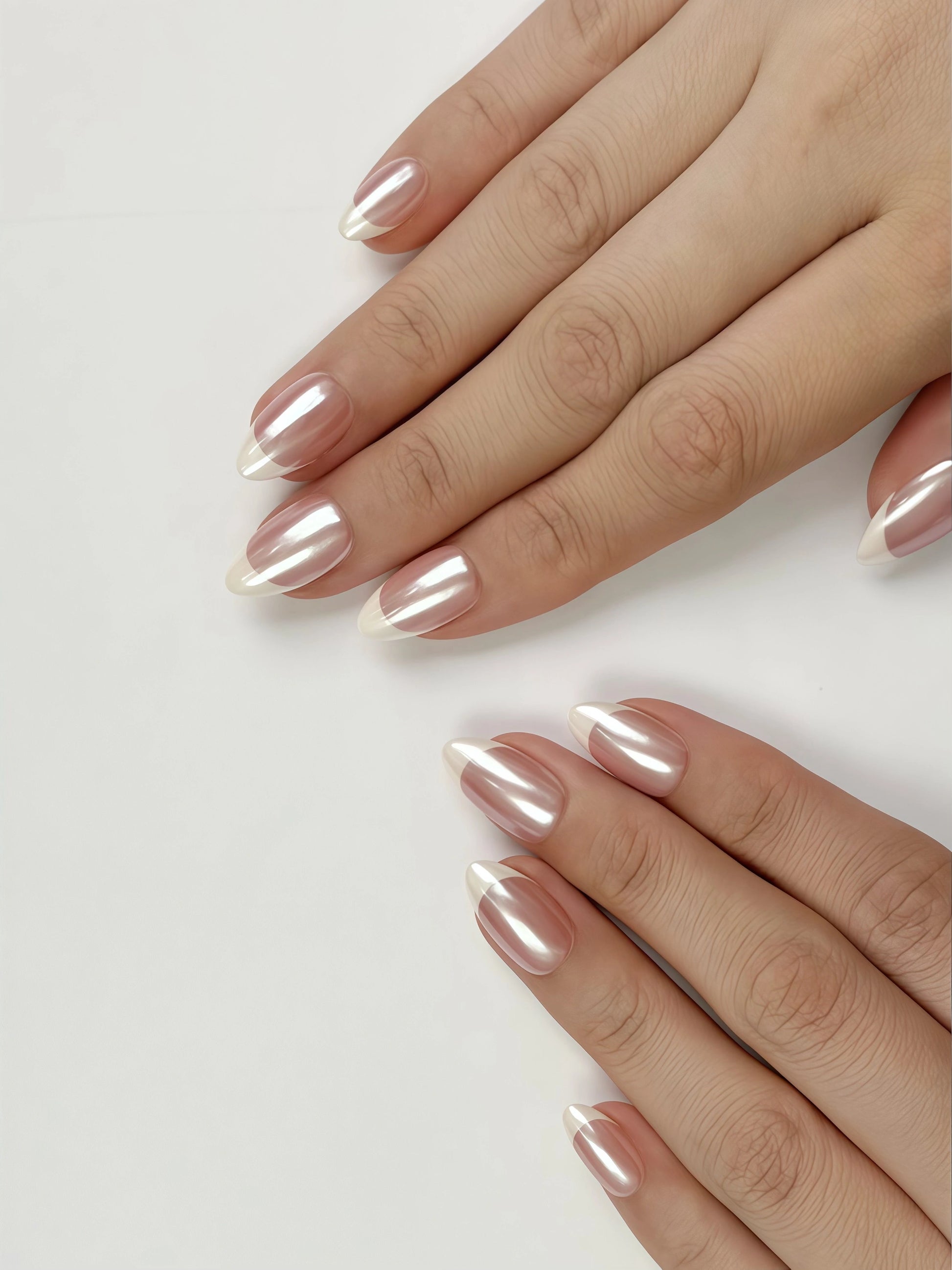 Classy Short Almond Pink Nude French Tip Luminous Pearl Chrome Press-On Nails for Everyday and Work, Handmade Salon-Quality Long-Lasting | Secure The Nails