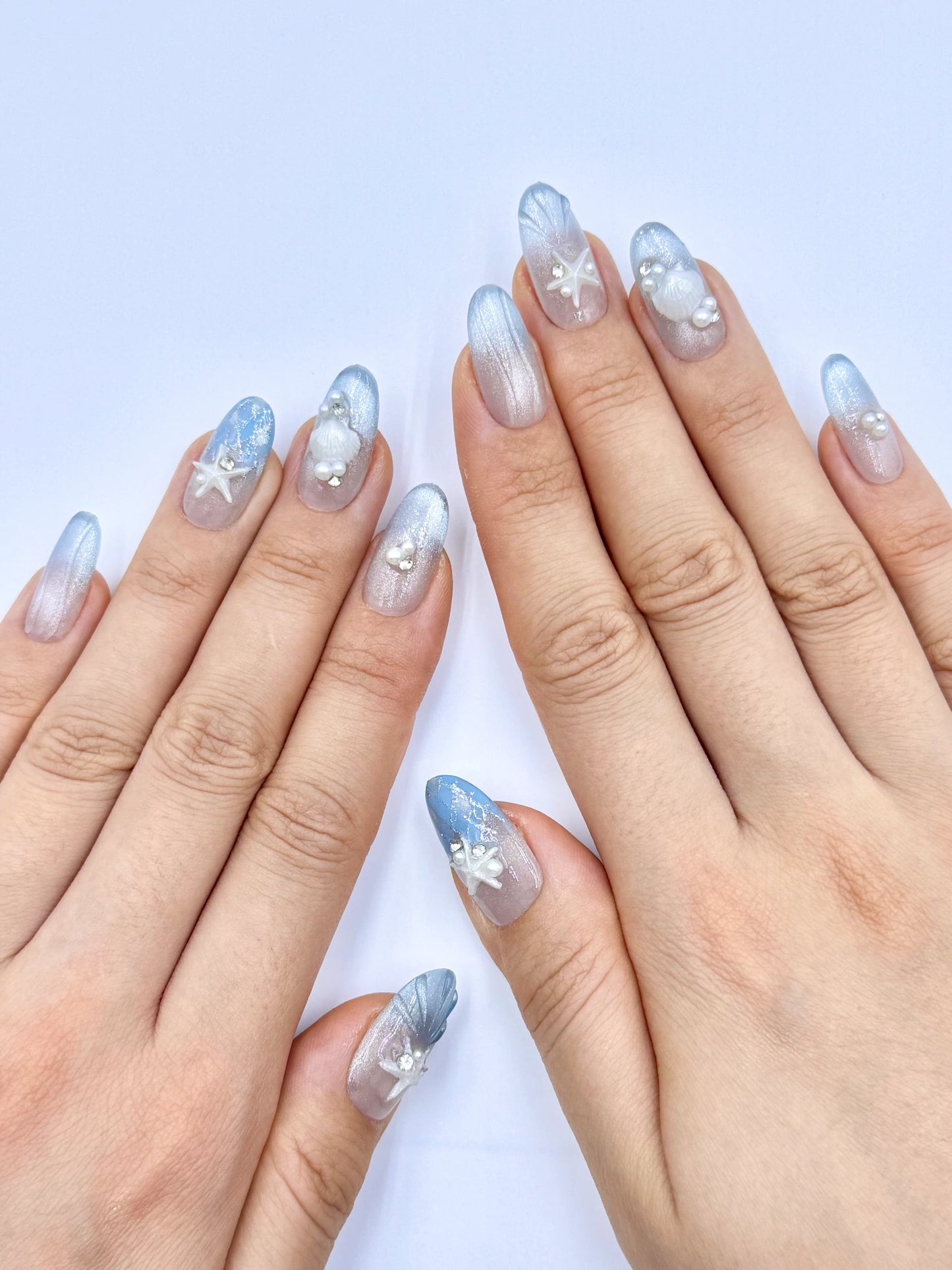 Shimmery Silver Blue Cat-Eye 3D Tropical Summer Vacation Almond Oval Press-On Nails with Cute Starfish Shell, Handmade Long-Lasting Reusable Press-Ons | Secure The Nails