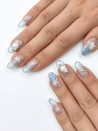 Seashell Starfish Nail Art Shimmery Silver Blue Cat-Eye 3D Tropical Summer Vacation Almond Oval Press-On Nails, Handmade Long-Lasting Reusable Press-Ons | Secure The Nails