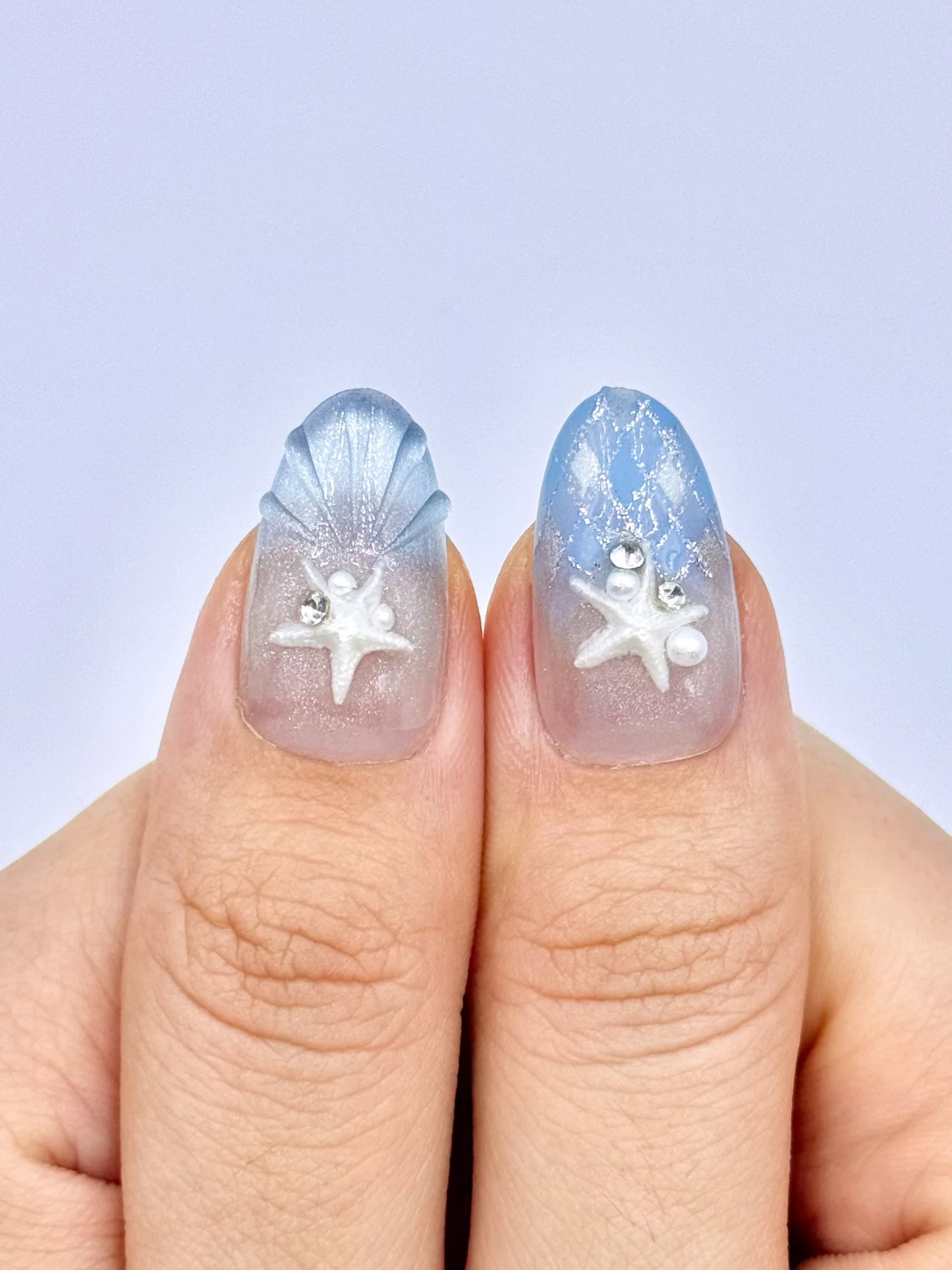 Seashell Starfish Nail Art Shimmery Silver Blue Cat-Eye 3D Tropical Summer Vacation Almond Oval Press-On Nails | Secure The Nails Handmade Long-Lasting Reusable Press-Ons